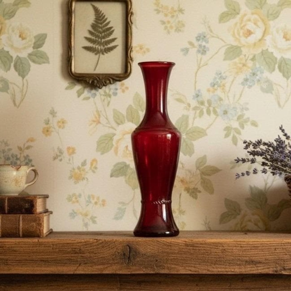 Wheaton Glass Ruby Red Flower Vase, 11" Tall Bottle Form With Rope Accent